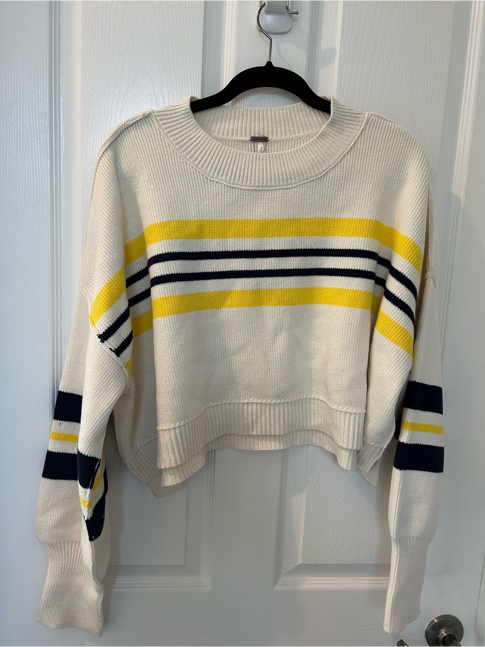 Free People Cream Crewneck Sweater with Yellow & Navy Stripes